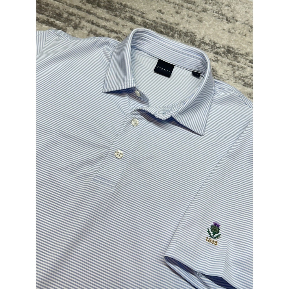 Dunning Polo Shirt Mens Medium Blue Striped Performance‎ Scotland Flower